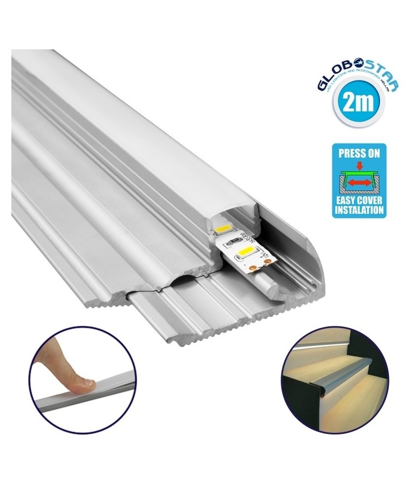 GloboStar® STAIR-PROFILE 70823-2M Προφίλ Αλουμινίου - Βάση & Ψύκτρα Ταινίας LED με Λευκό Γαλακτερό Κάλυμμα - Χρήση σε Σκαλοπάτια - Πατητό Κάλυμμα - Ασημί - 2 Μέτρα - Μ200 x Π6 x Υ2.1cm